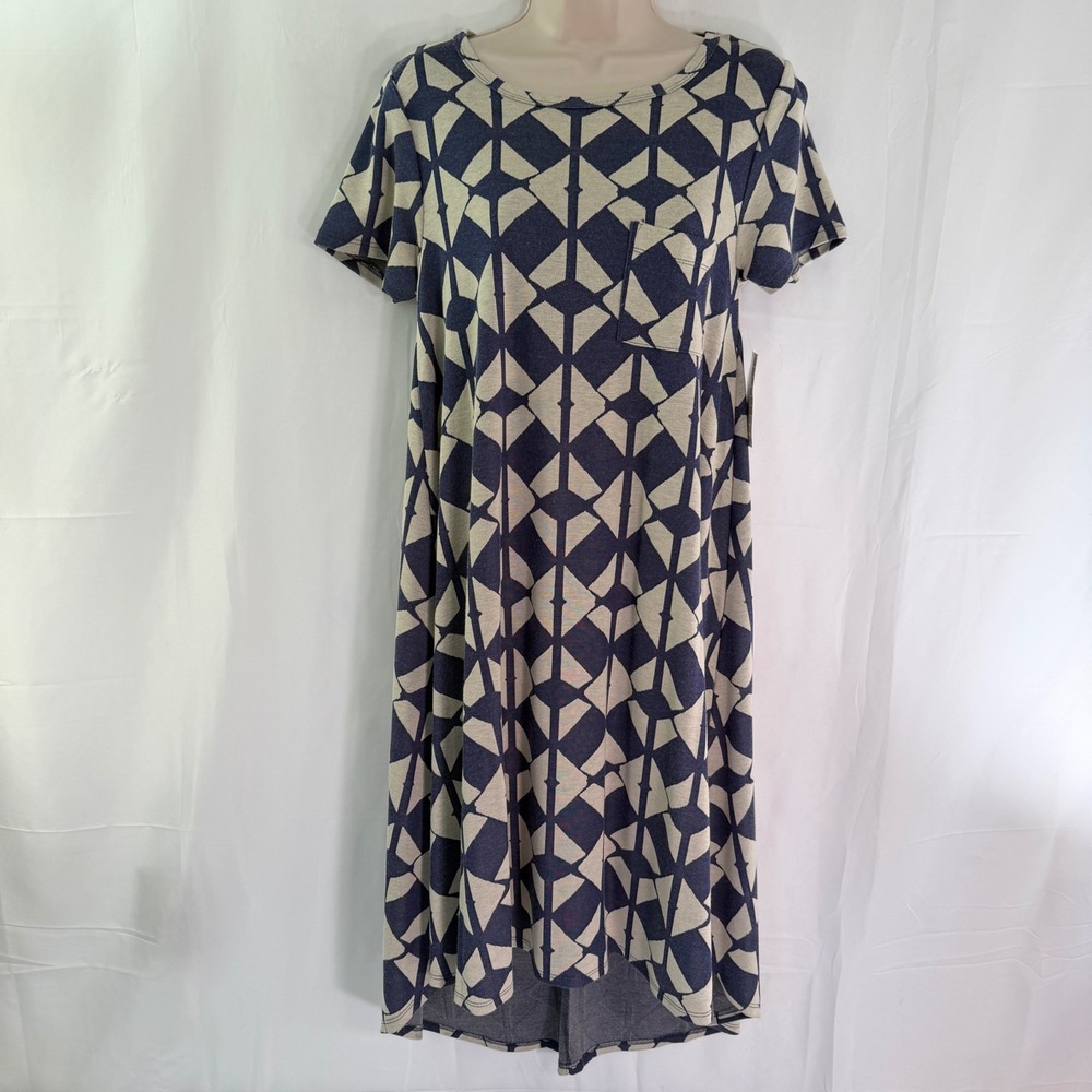 LuLaRoe Carly Dress XS Blue Tan Geometric Diamond High Low Short Sleeve NWT